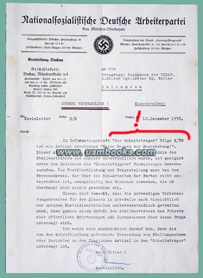 1938 Nazi reprimand letter re: article in Der Hoheitstraeger magazine