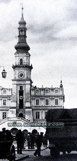 Zamosc city hall with swastika banner, 1939