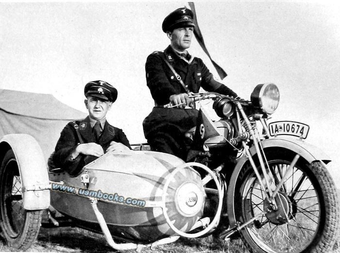 SS men on a Nazi motorcycle