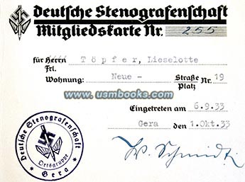 Deutsche Stenografenschaft membership card number 255